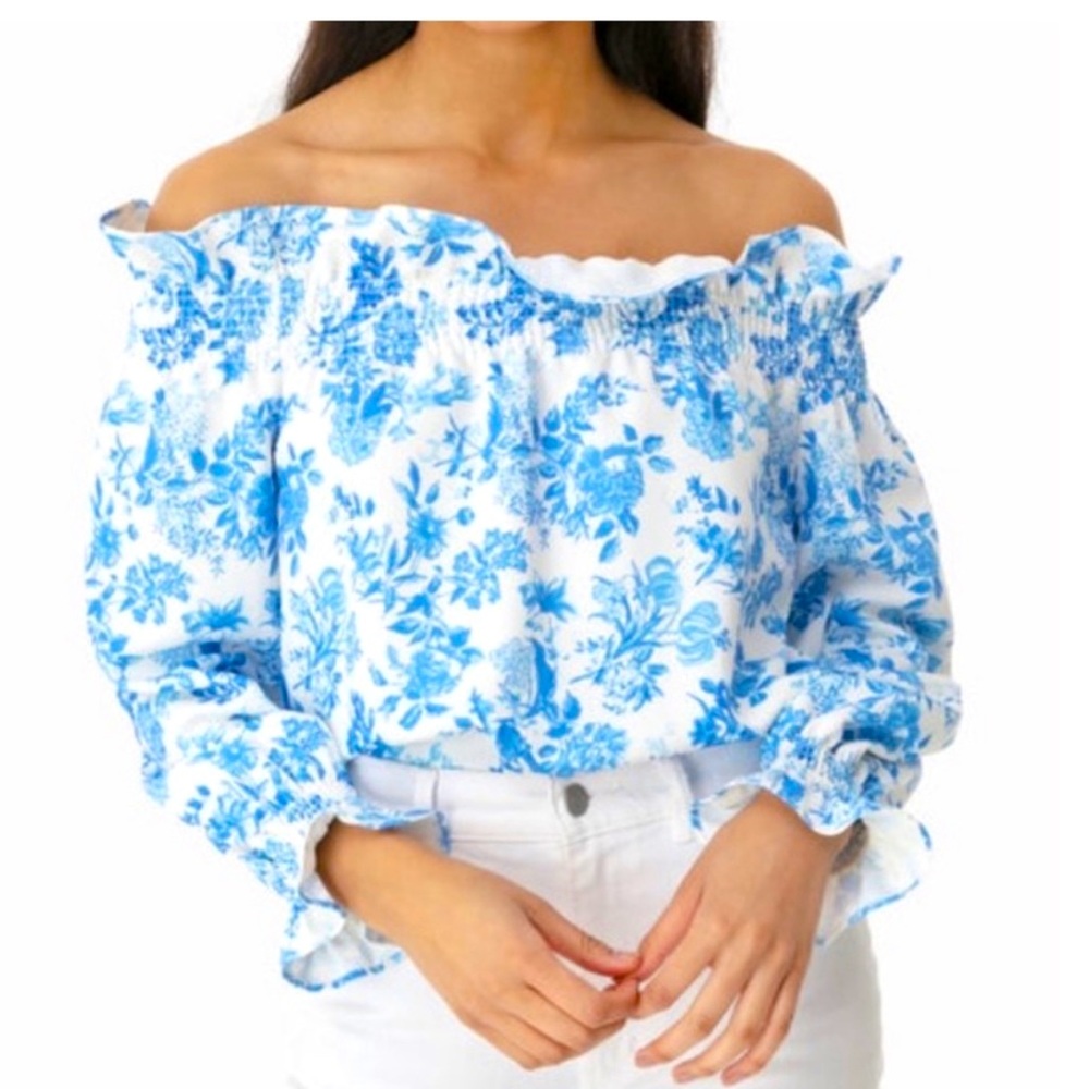 NWOT Tuckernuck Off-Shoulder Marguerite Top Blue and White Toile XS